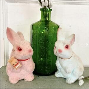 Vintage Flocked Fuzzy Easter Bunny Pink OR Blue Bank Glass Plastic Eye BOTH